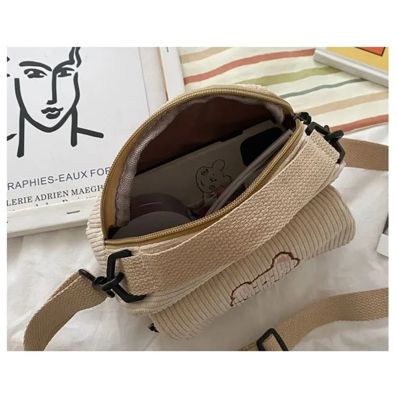 개인화 된 테디 베어 수 놓은 대각선 어깨 가방, 코듀로이 레저 가방, 여성용 크로스 바디 백