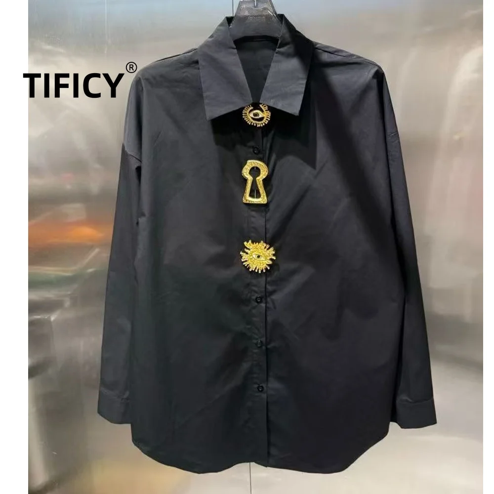 

High Street Shrits Women's Spring Long Sleeve Diamond Buckle Decorative Loose Straight Shirt Top Womens Tops