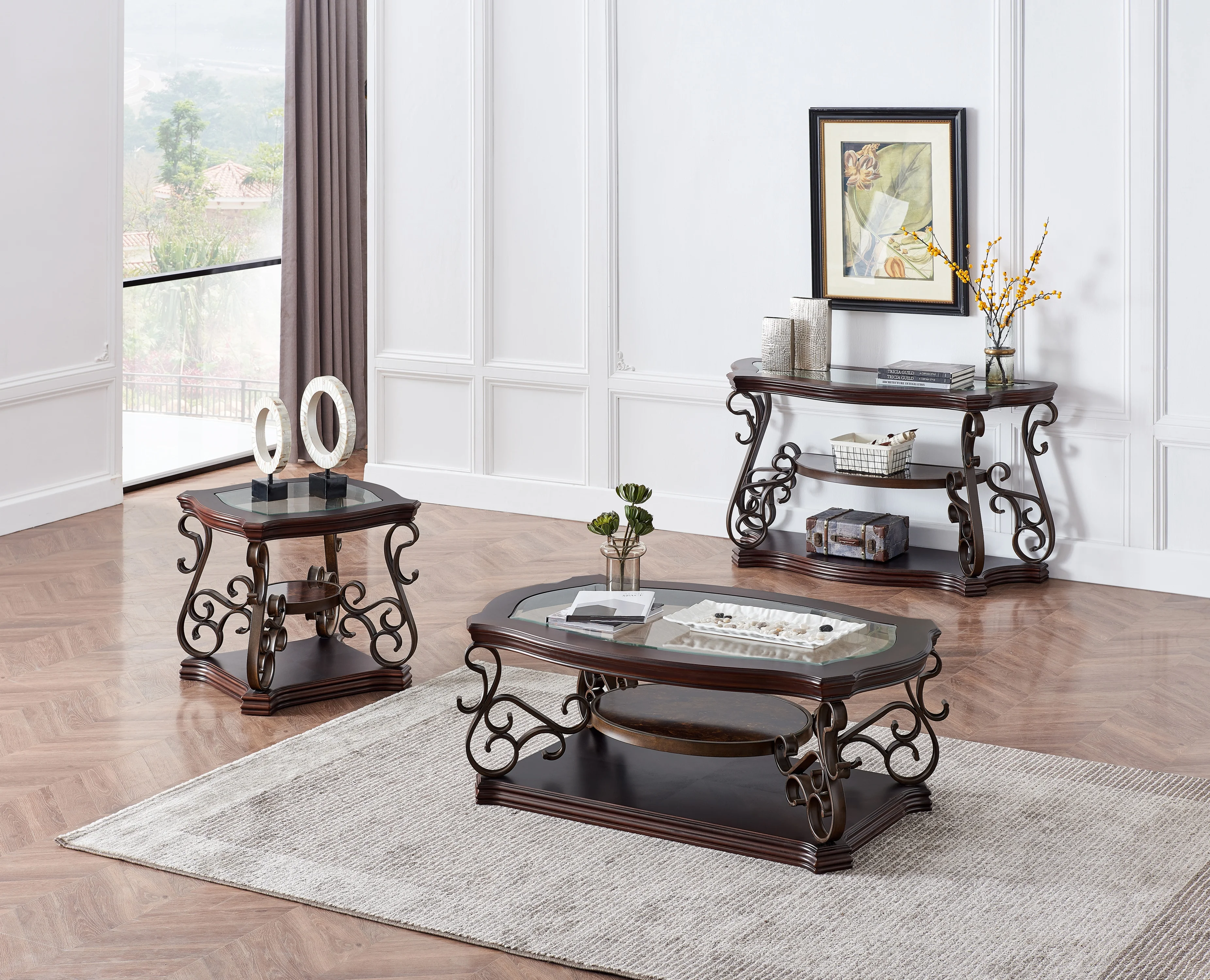 Cocktail Living Room Table with Glass Top, MDF Middle Shelf with Marble Paper, Powder-Coated Metal Legs (52