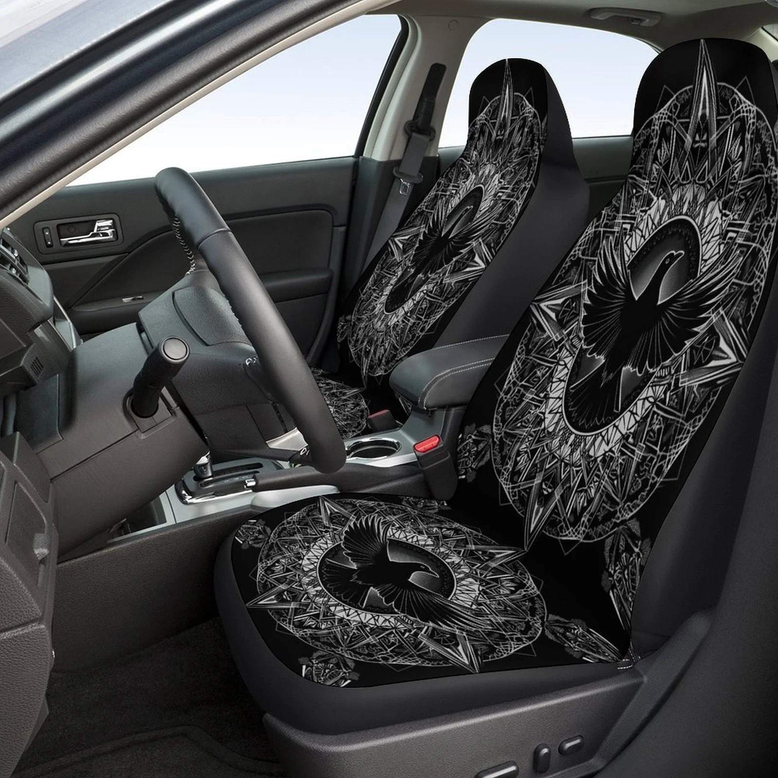Raven Mandala Themed Car Seat Cover Set For Most Cars, Fashion Novelty Car Seat Protector Covers Full Set, Car Seat Covers For