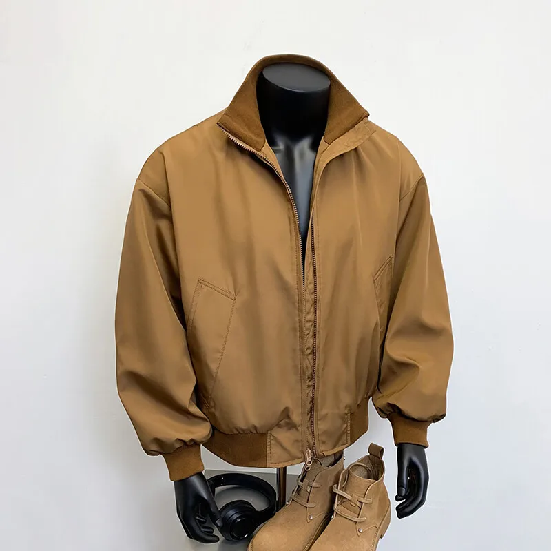 

American Retro Pilot Jaet Men's Spring and Autumn Loose Stand Collar Jacket Casual Outerwear Windproof Zipper Coats Men
