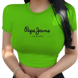 Women's Vitality Green Crop Top London Letters T-shirt Short Sleeve Girls Trend Streetwear Woman Soft Breathable Sports Clothes