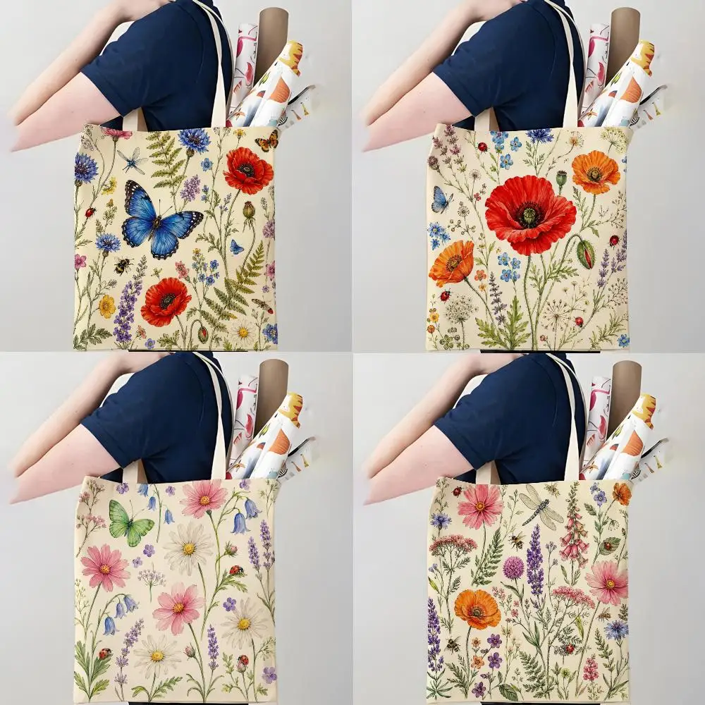 Watercolor Insects And Flowers Storage Bags Canvas Double-Sided Print Tote Bag Large Capacity Shoulder Fashion Shopping Handbag
