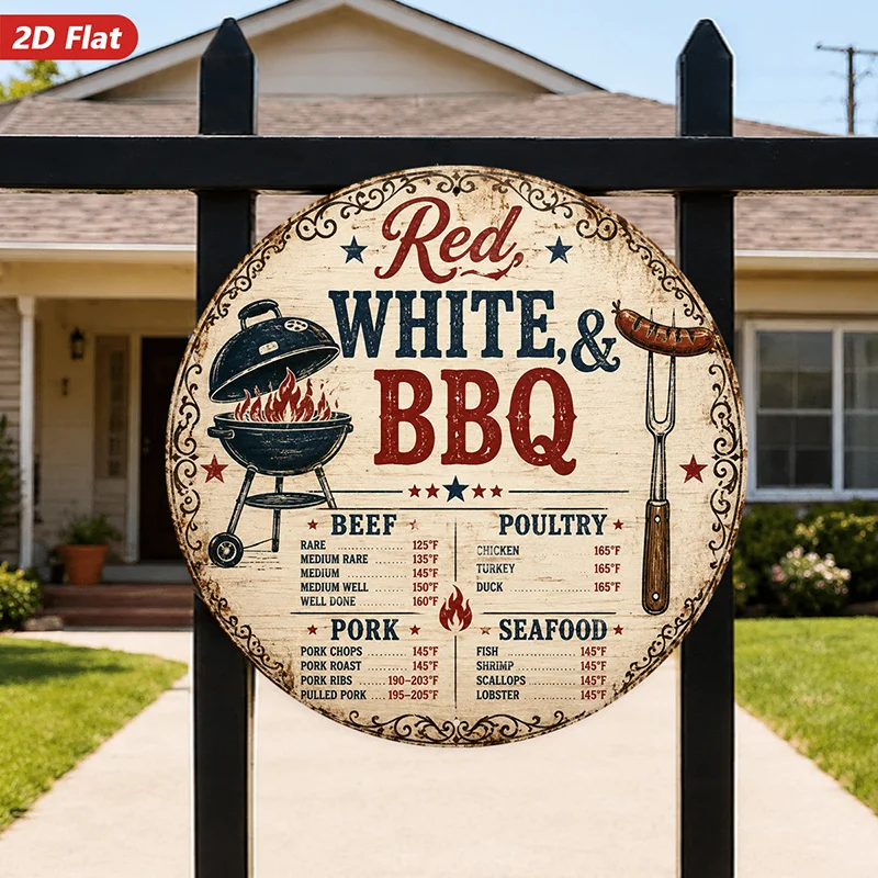 2D Flat, 1pc Red White Bbq Grill Round Metal Sign Wall Art, Perfect for Study Living Room Entryway, Home Decor, Family, Modern M