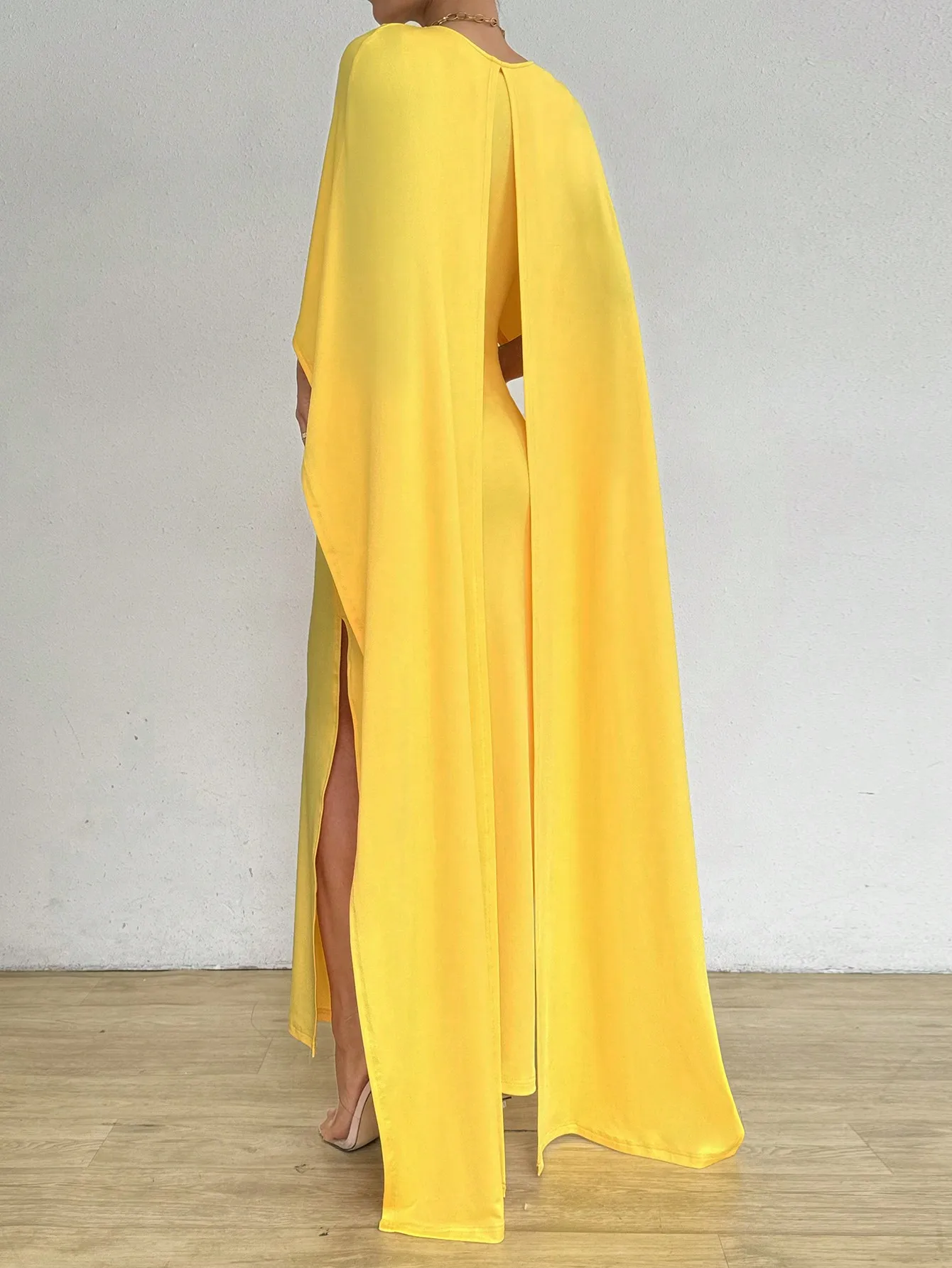 Robe longue jaune à col rond pour femme, faux deux, style 550, hanche, élégante, décontractée