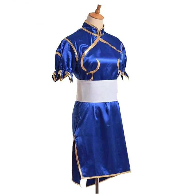 

qq38Games Chun Li Cosplay Costumes Sutorito Faita Blue Cheongsam Dress Belt Headgear with Women Girls Clothes Halloween Party
