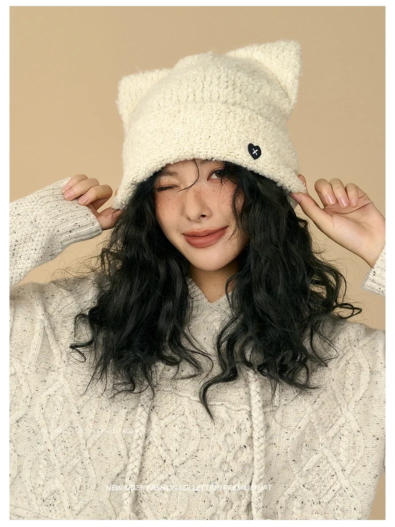 Cute Cat Ears Knitted Cap, Female Fall And Winter Warm Ear Protection Retro Sweetheart Students Thickened Warm Wool Hat