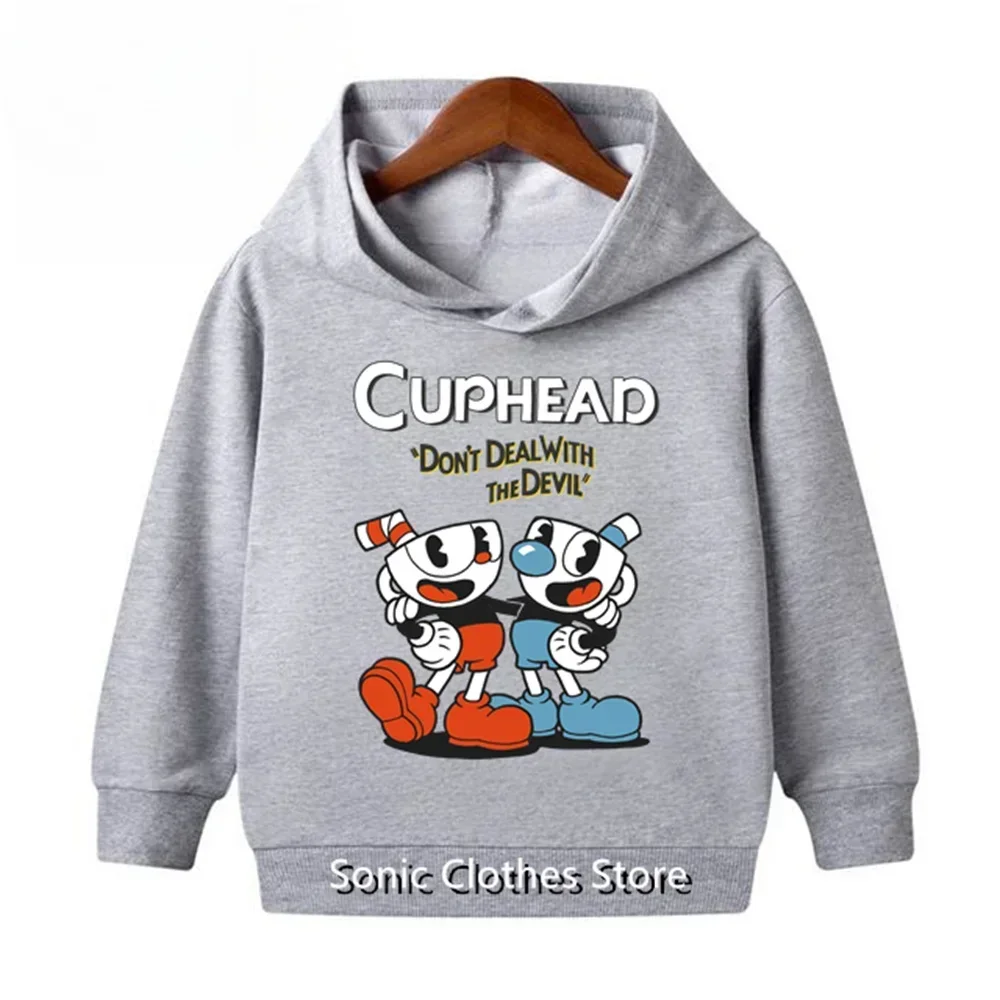 Cuphead Print Hoodies Boys Girls Anime Sweatshirts Children Funny Pullovers Tops Sudadera Kids Cute Cartoon Casual Outerwears