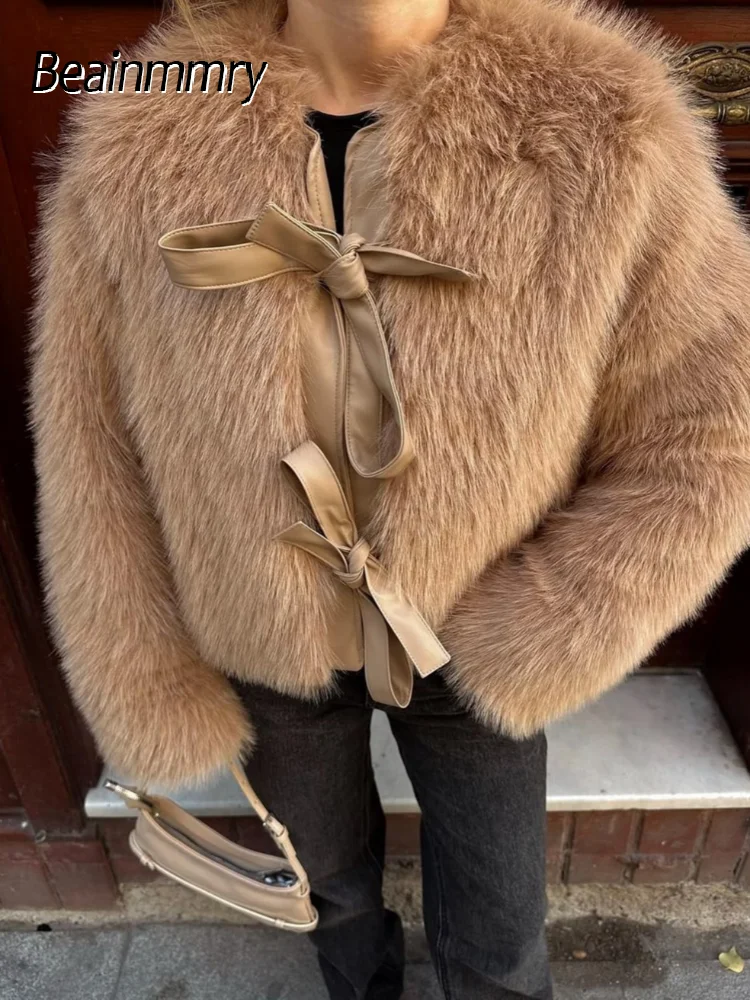 Feminino elegante arco rendas até casaco de pele do falso casual manga cheia em torno do pescoço solto curto outerwears senhora inverno jaqueta de deslocamento diário