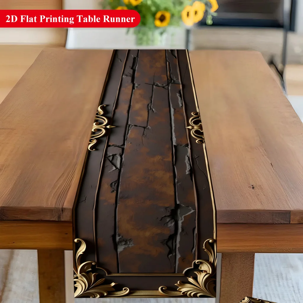 Vintage Wooden Design Gold Border Table Runner - Antique Culture Motif Decoration for Dining Coffee Table Home Kitchen Feast