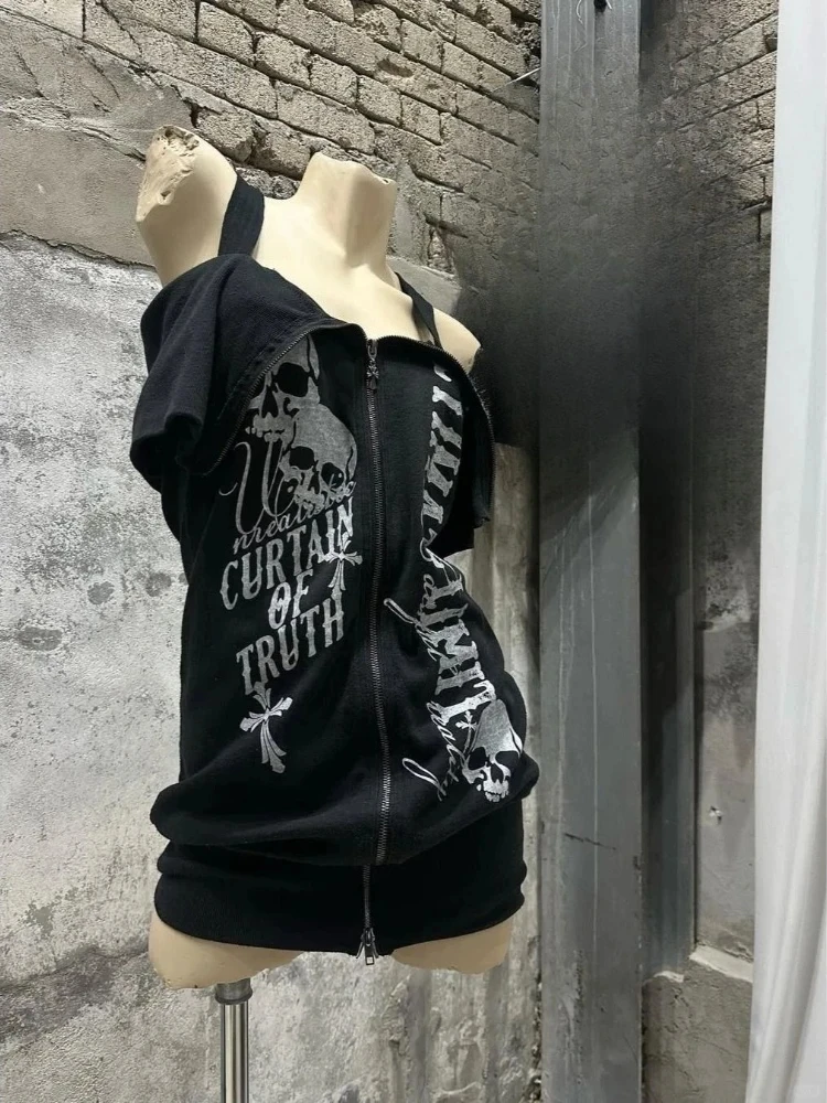 Gothic Black Y2K Subculture Skull Print Zip Coat Women Japanese Slim Striped Hoodie Casual Tops Fashion Streetwear Clothes New