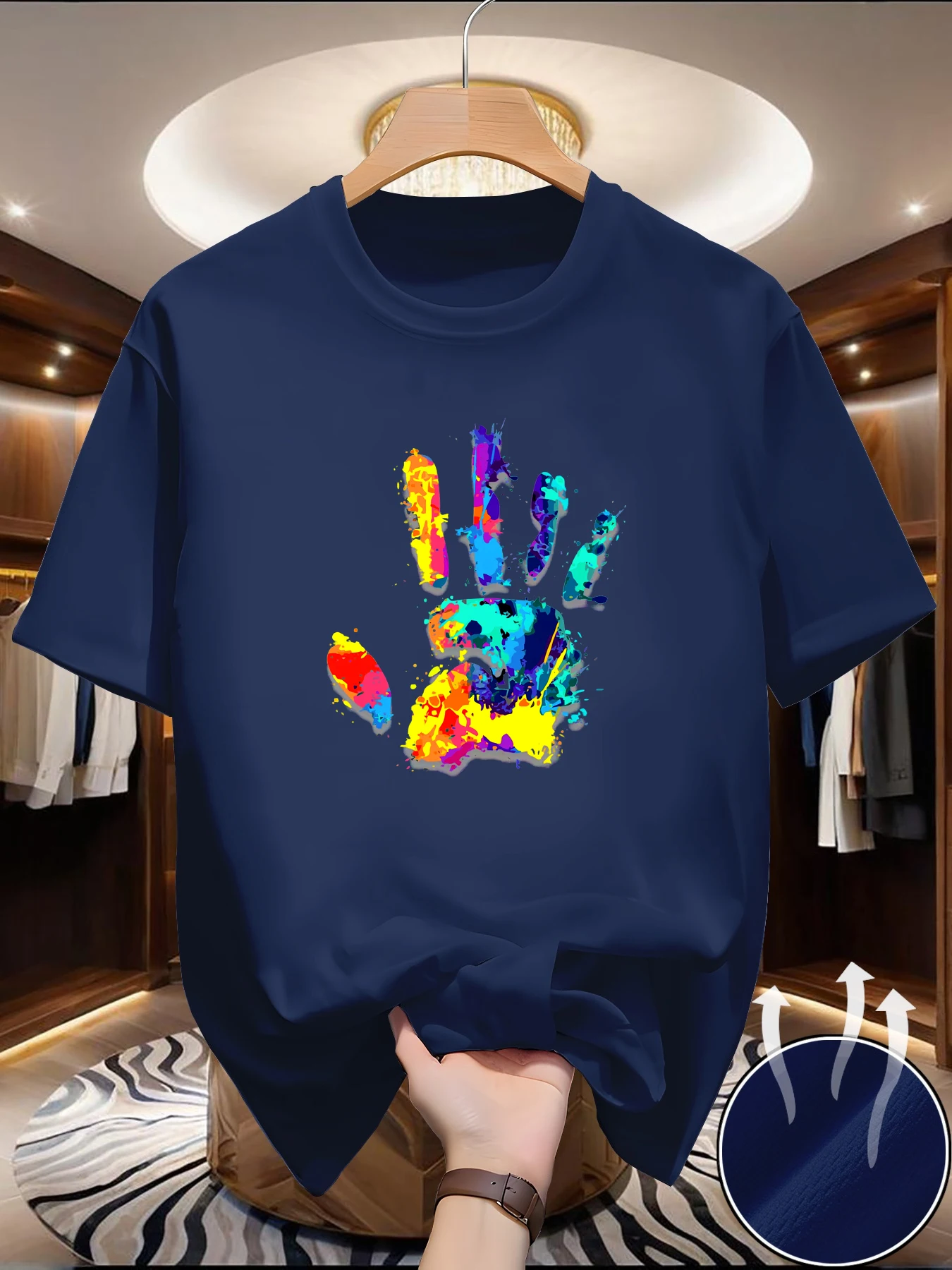 Men's loose short sleeved round neck T-shirt with palm print pattern, sporty and casual style, suitable for summer wear