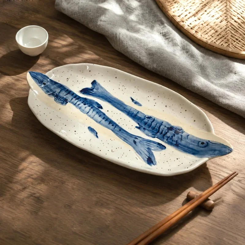Creative 3D Hand Painted Fish Shaped Ceramic Plates Underglaze Color Dinner Plates Embossed Daily Bowls Tableware Home Supplies