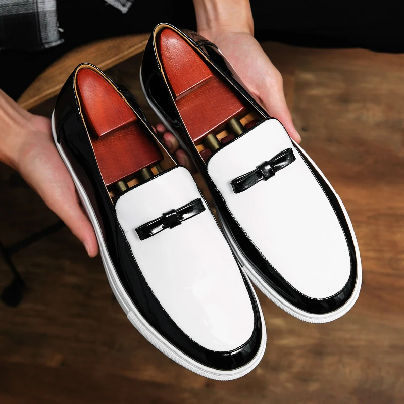 British Style Black White Mixed Colors Fashion Men\'s Panter Leather Loafer Shoes Daily Casual Banquet Slip-On Men Flat Shoes