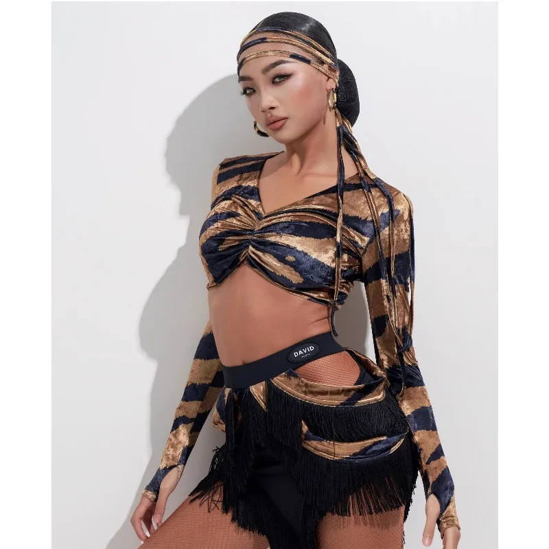 customized-david-【-split-top-】-latin-women's-aladdin-martial-practice-uniform-tiger-pattern-long-sleeve-hook-finger-top-dw269