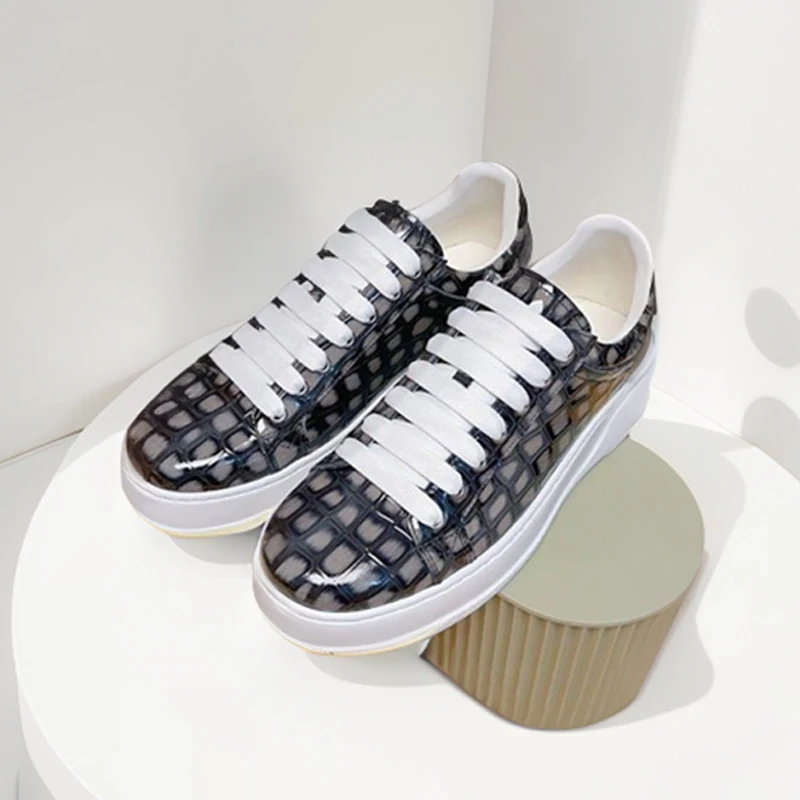 للجنسين رمادي منصة حذاء كاجوال رجالي جلد البقر جولة تو منخفضة أعلى أحذية رياضية حجر نمط الدانتيل متابعة لوكس حذاء مسطح اليدوية #1