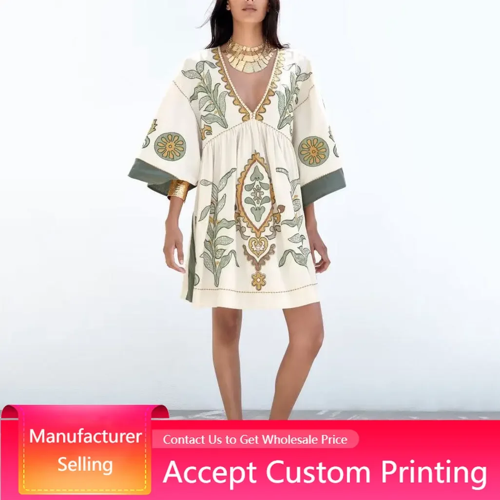 Women Dress Summer Linen Embroidery V-Neck Dress Casual Female Flare Three Quarter Sleeve Knee Length Leisure Dresses