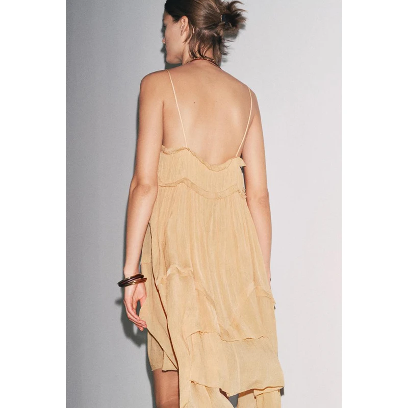 Vestido Casual de Verão com Decote Redondo, Sem Mangas, Decoração Assimétrica em Camadas, Saia Midi de Fibra de Poliéster com...