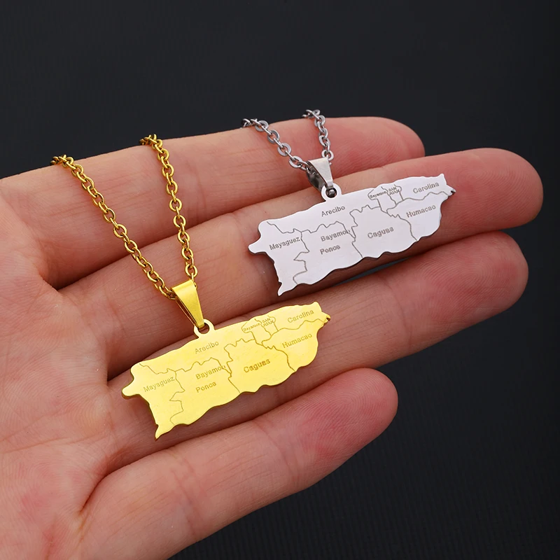 Stainless Steel Puerto Rico Map With Cities Pendant Necklaces Gold Silver Color Fashion Party Jewelry for Women Men Gifts