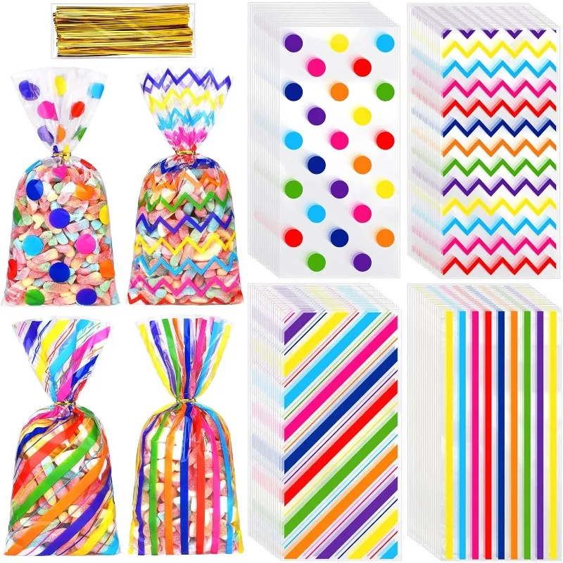 

100 Pcs Rainbow Cellophane Candy Bags with Twist Ties Stripes Polka Dot Printed Pattern Gift Bags for Baby Shower Party Supplies