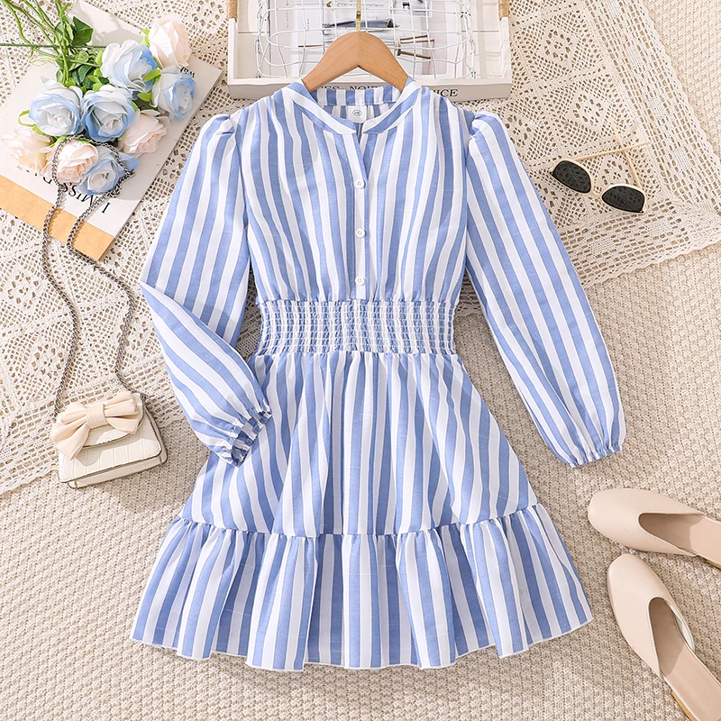 Blue White Striped Girls Dress for 8-12Y Spring Autumn Stand Collar Button Long Puff Sleeve Smocked Waist Ruffle Hem Dress