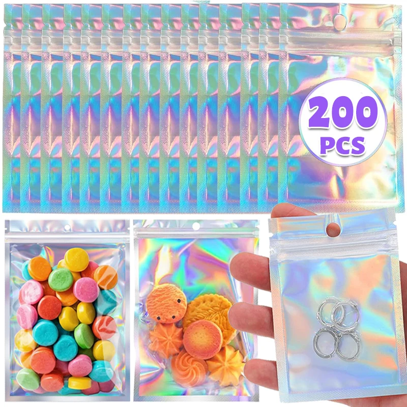 Plastic Laser Sealing Bags Holographic Party Favor Pouches Resealable Necklace Jewelry Gift Packaging Snack Home Storage Bag