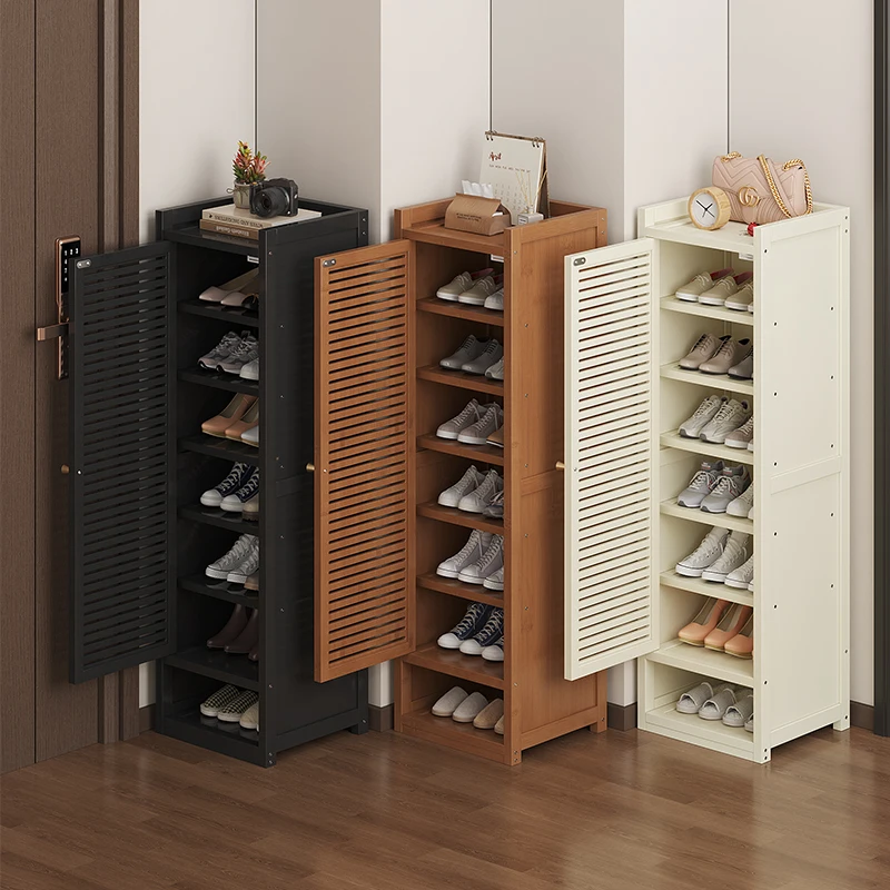 

Bamboo Entryway Shoe Rack Narrow Cabinet with Doors Multi-Layer Slim Organizer for Small Space Indoor Storage Use