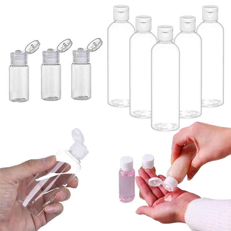 50 Uds. Botellas pequeñas vacías de plástico PET de 5-100ml con tapas abatibles blancas transparentes para viaje, champú, acondicionador, loción, contenedor