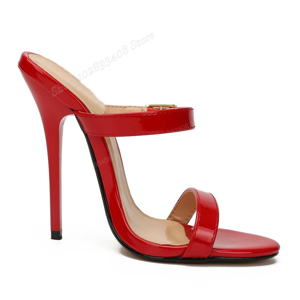 Red Patent Leather Buckle Strap Slippers Slip-on Stiletto High Heel Concise Style Women Shoes 2024 New Sexy Zapatos Para Mujere