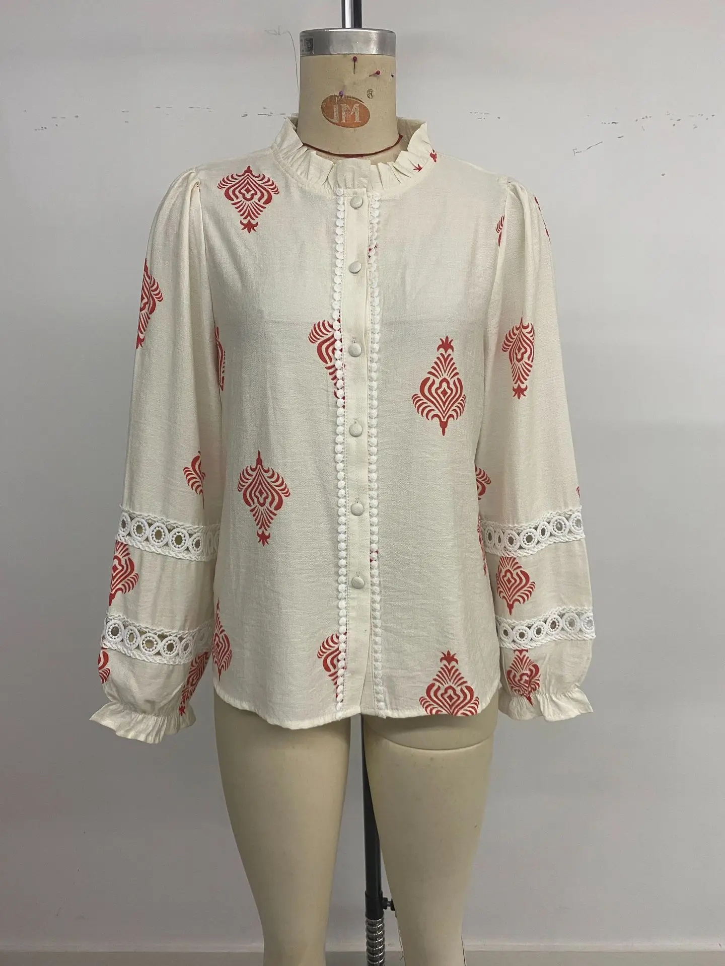 Elegant Viscose Shirts Women Casual Print Button Lapel Blouses Shirts Autumn Lace Splicing Long Sleeve Loose Tops Tunic Blusas