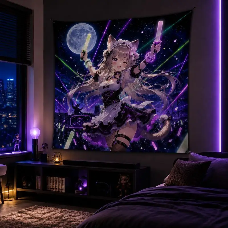VIKAMA Galaxy Cat Girl Anime Blacklight Tapestry, Neon Wall Hanging, Cool Aesthetic Wall Decor for Gaming Bedroom Dorm