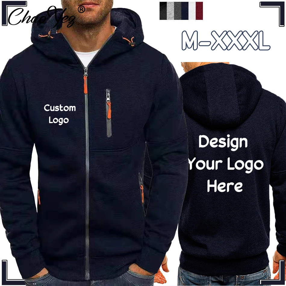 

2024 Custom Logo Men's Jacket Zipper Hooded Pockets Print Fashion Spring Fashion Casual Sports Streetwear DIY Male Cardigan Coat