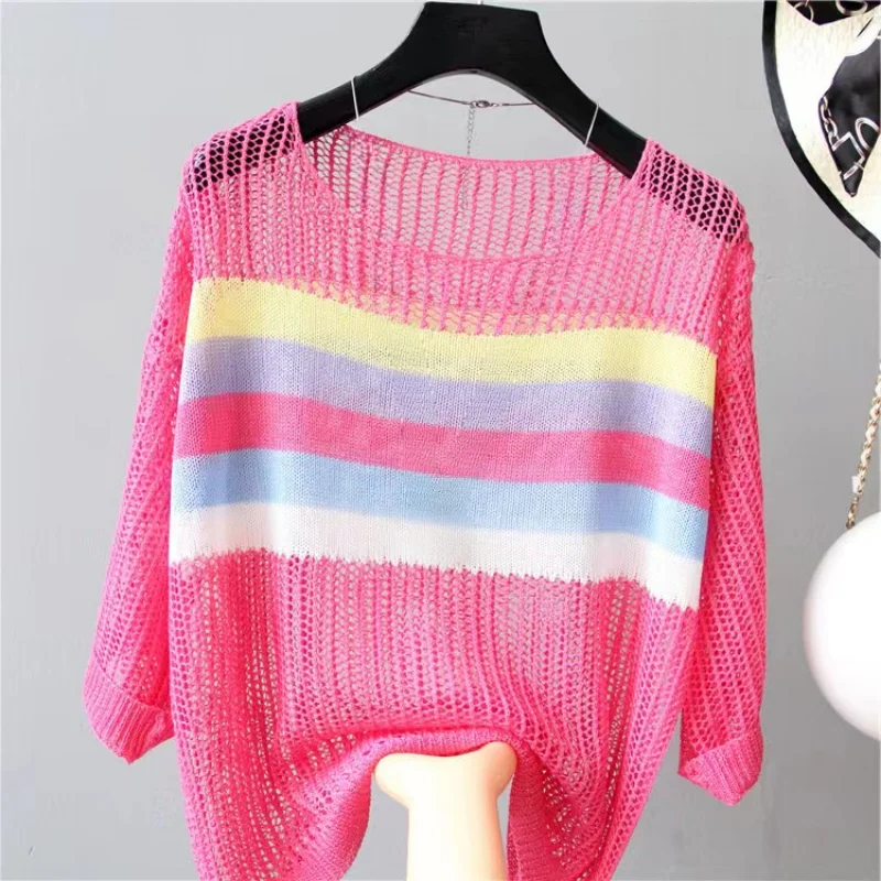 Women\'s Short Sleeve Knitted Pullover, Korean Popular Clothes, Sexy T-Shirt, Hollow Color, Round Top, Summer Vacation