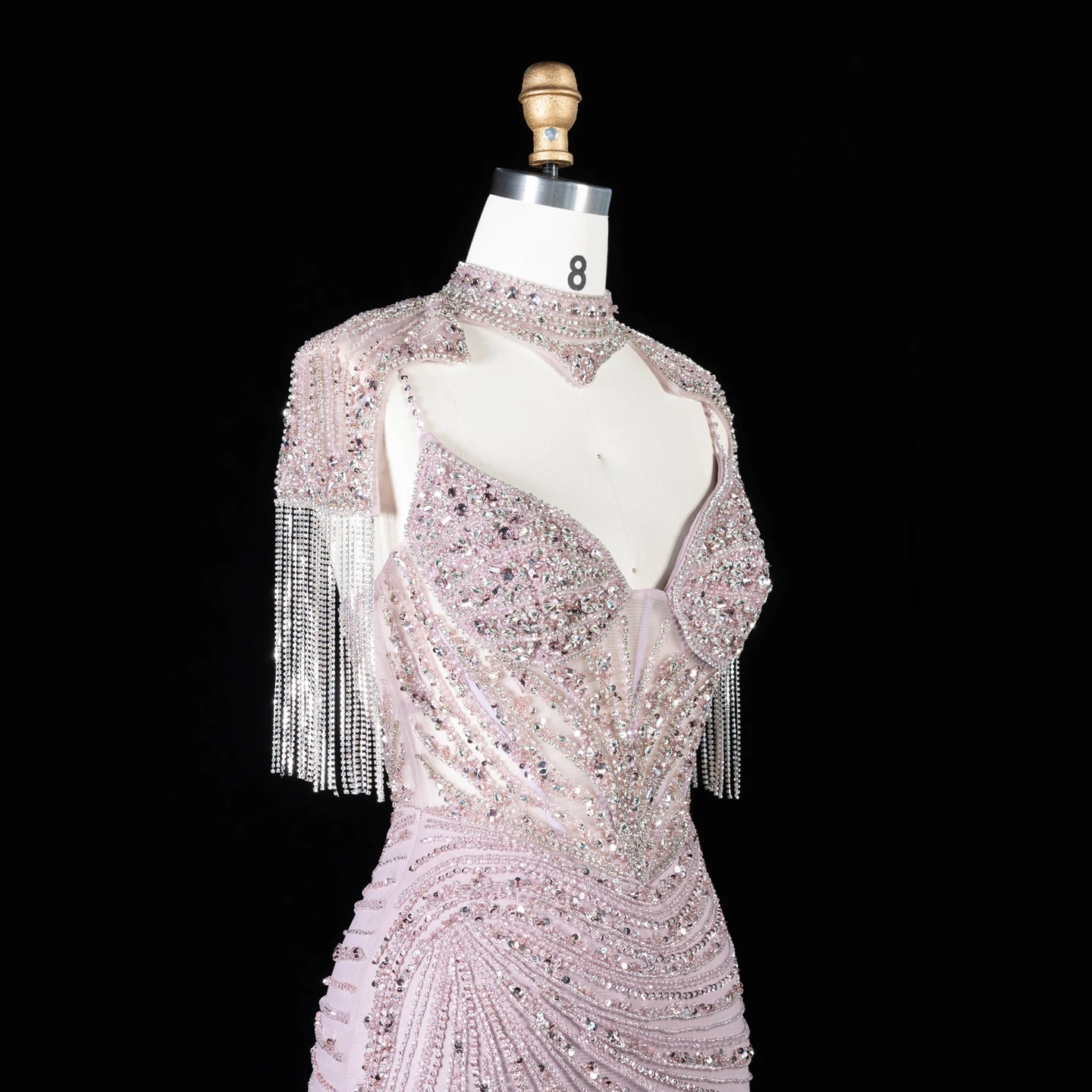 Sharon Said Luxuriöses Champagner-Abendkleid mit Quastenumhang, Diagonalen Strasssteinen, Meerjungfrauen-Schnitt, für formelle Anlässe und Partys, SS184, Maßanfertigung – Detail 14