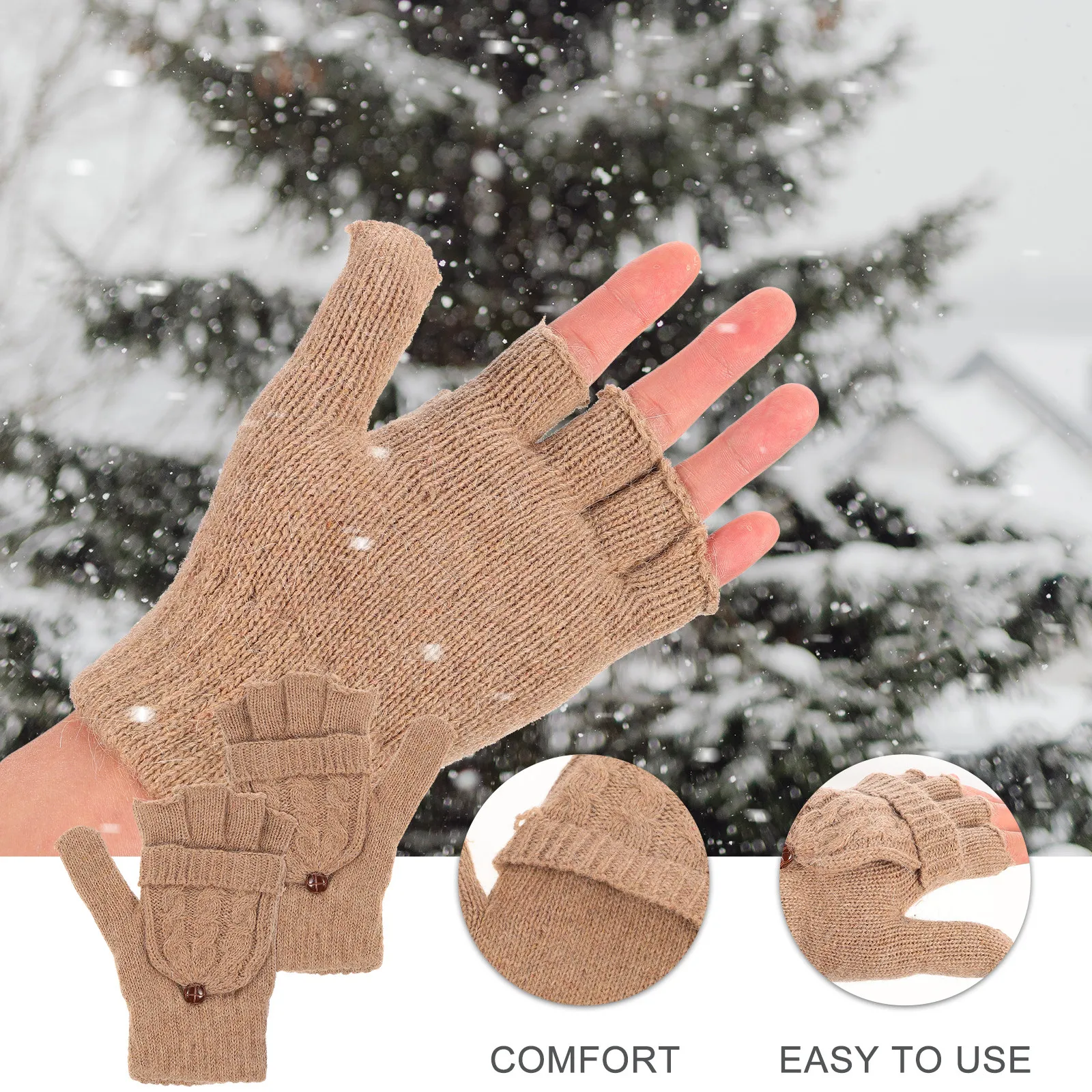 

Warm Beige Women Knitted Fingerless Gloves with Detachable Mitten Cover for Cold Weather Comfortable Lightweight Hand Washable