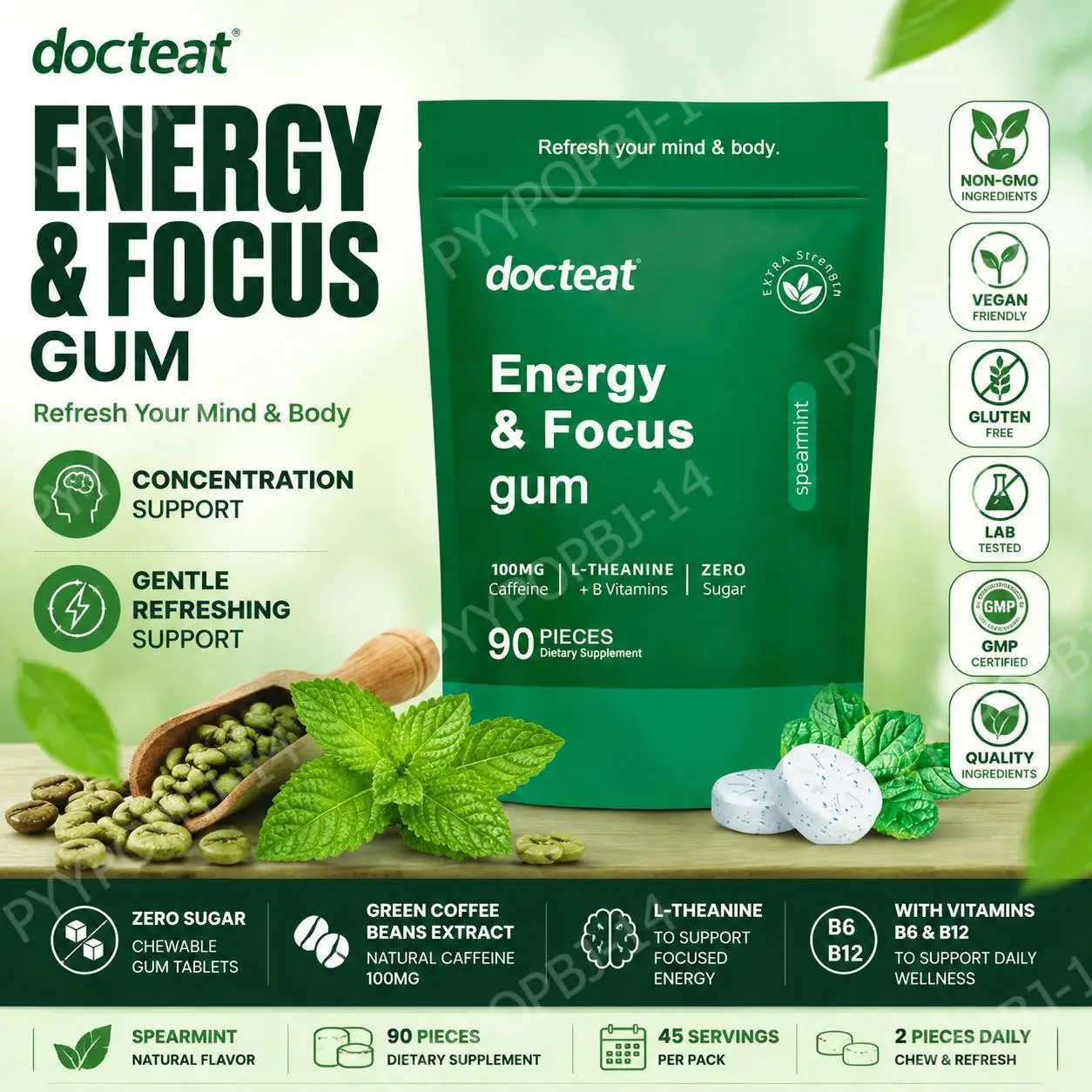 Tabletas Masticables Docteat Energy & Focus con Extracto de Café Verde, L-Teanina, Vitamina B6 y B12, Sin Azúcar, 90 Unidades