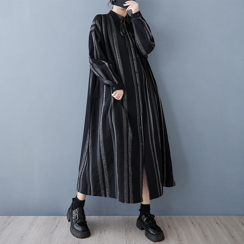 Vestido Csa Primavera 2025 Plus Size Aodão Linho Solto com Cinto Modelador Saia trada Estilo Vintage Manga Longa