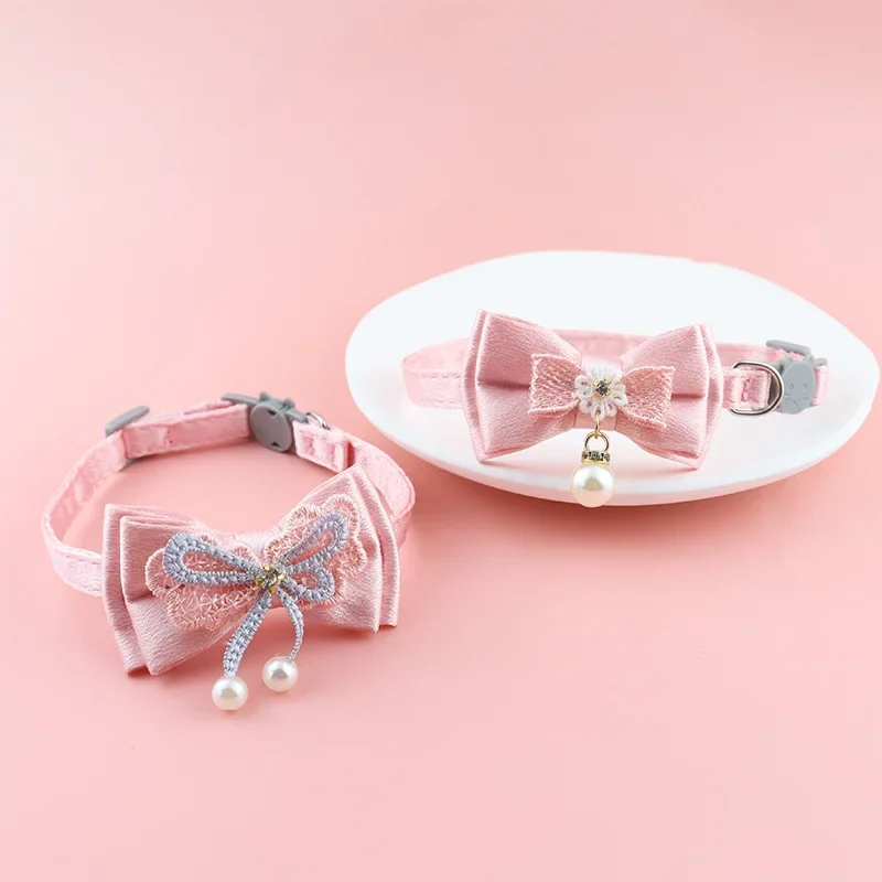 Puppy Collar Necklace Pet Cat Collar Bow Tie Dog Necklace Lace Large Bow Detachable Pearl Separation Kitten Pet Accessories