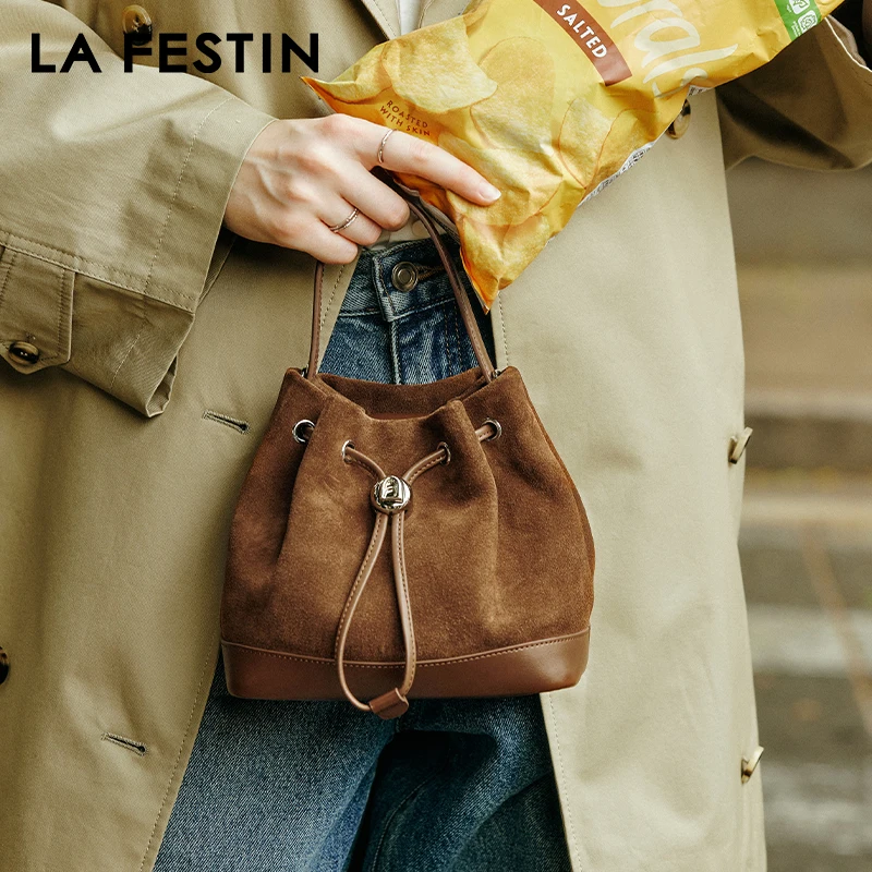 LA FESTIN Original 2024 New Women Bag Luxury Suede Leather Handbag Winter Bags Fashion Shoulder Bag Bucket Bag Crossbody Bag