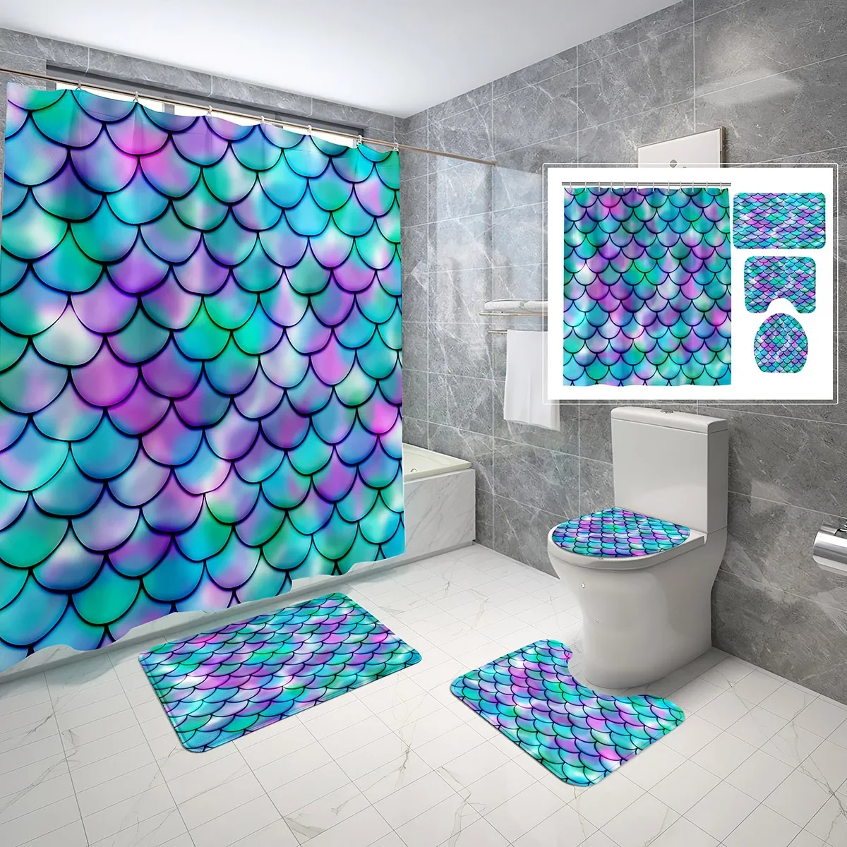 4 Piece Mermaid Scales Shower Curtain Sets Fantasy Girls with Non-Slip Rugs Toilet Lid Cover and Waterproof Shower Curtain Set