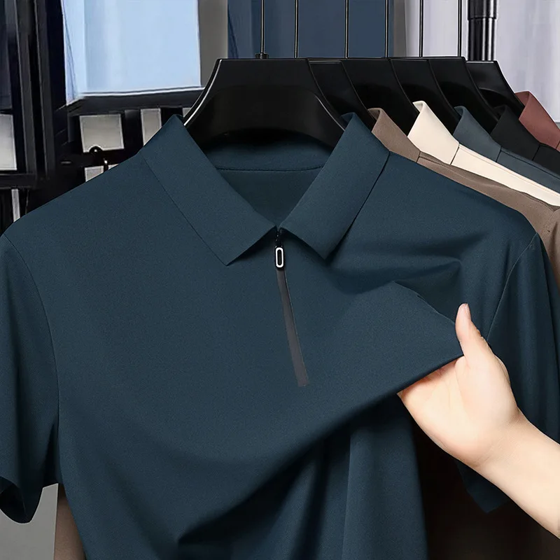 Cross-Border Seamless Zipper Polo Shirt For Men, Casual Short-Sleeve, Middle-Aged, Turn-Down Collar T-Shirt, Fashionable