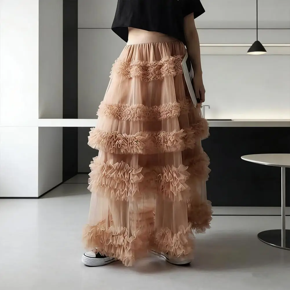 Women's Layered Maxi Tulle Skirt High Waisted, A Line Ruffle Mesh Skirt Tiered Long Flowy Fairy Skirt