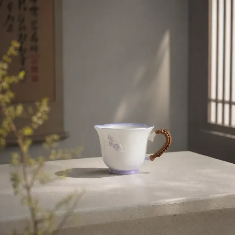 Creative Ceramic Coffee Cup with Side Handle Heart Shaped Rim Blue Gradient Glaze Unique Concentrated Espresso Cup