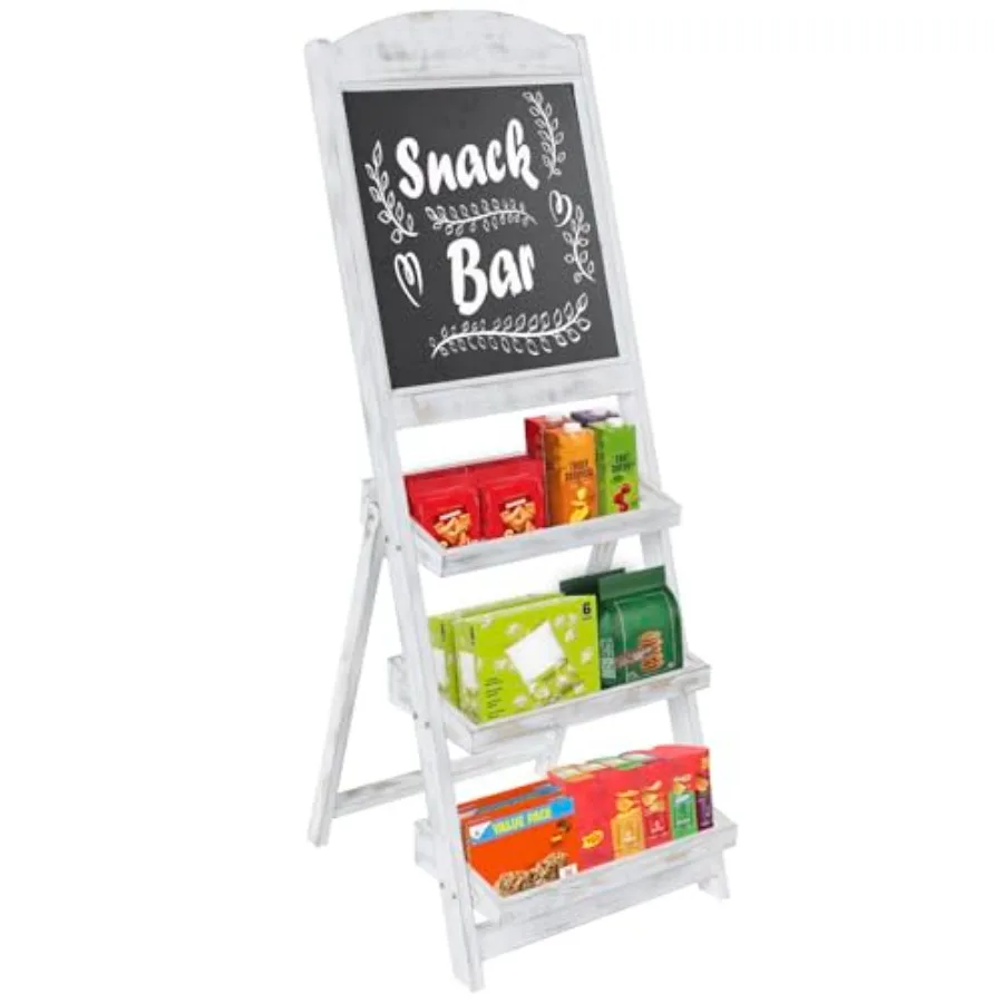 

Wood Freestanding Chalkboard Easel with 3-Tiered Display Shelves in Natural Finish for Home Office Decor with Functional Writin