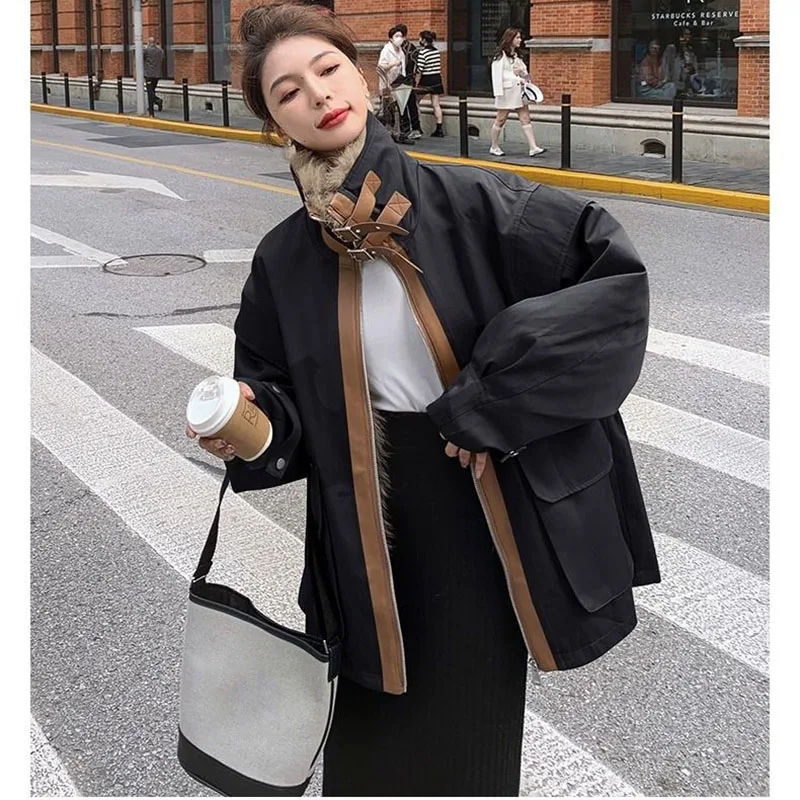 Black Parker Cotton Jacket For Women's Winter Coat  Plus Velvet Warm Overcoat New Female Loose Big FurCollar Outcoat Plus Size