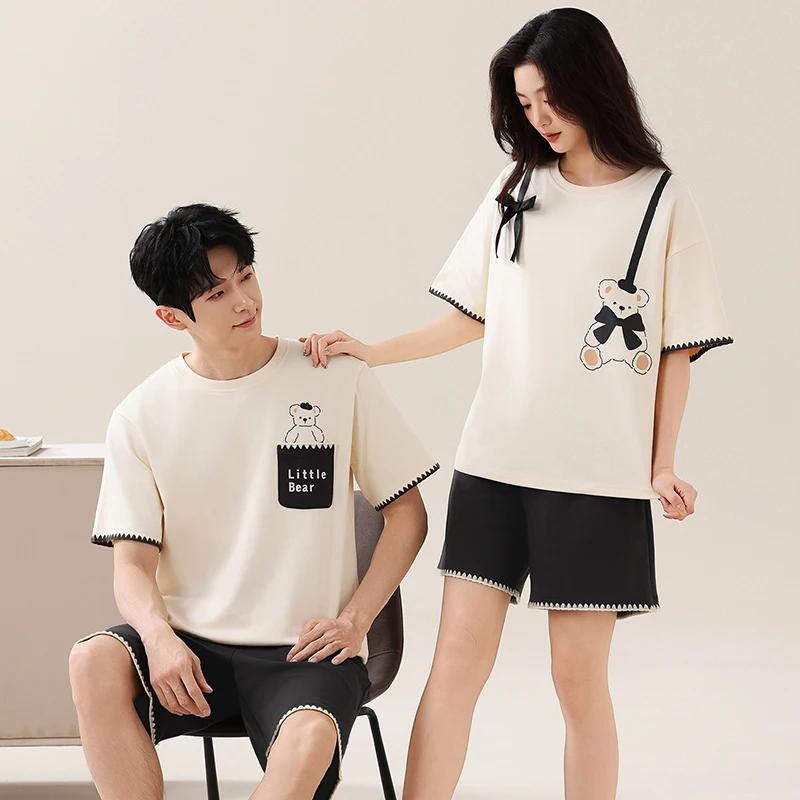 High Quality Couple Cute Cartoon Pajama Set Summer Men and Women 100% Cotton Short Sleeve Pyjamas