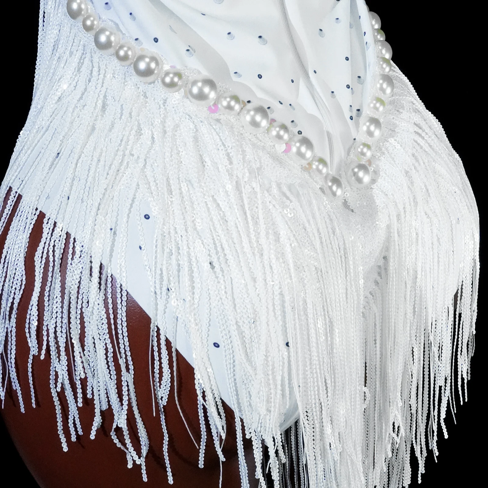 Seksowne, błyszczące body z dżetami, białe, z okrągłym dekoltem, cekinowe frędzle, trykot, strój sceniczny dla piosenkarki, tancerki, na występ, do klubu nocnego.