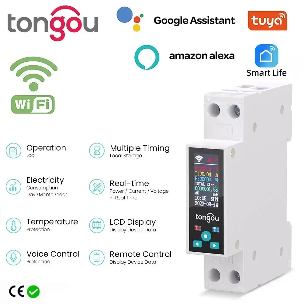 1P 50A Tuya WIFI Smart Switch Circuit Breaker LED Energy Meter KWh Power Metering Timer Relay Remote Control Smart Life APP