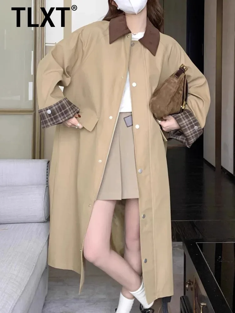 

TLXT Элегантный женский длинный плащ с классическим воротником в клетку и подкладкой на манжетах, стильная верхняя одежда свободного покроя, осень 2024, XK1634