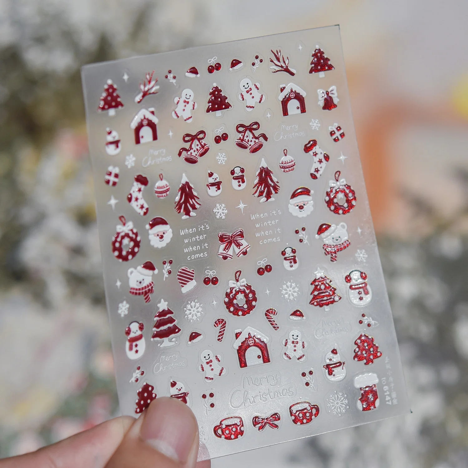 Retro Busy Christmas 5D Nail Stickers Glitter Christmas Tree Santa Snowman House Wreath Berry Stocking Hot Cocoa Cup Nail Decal